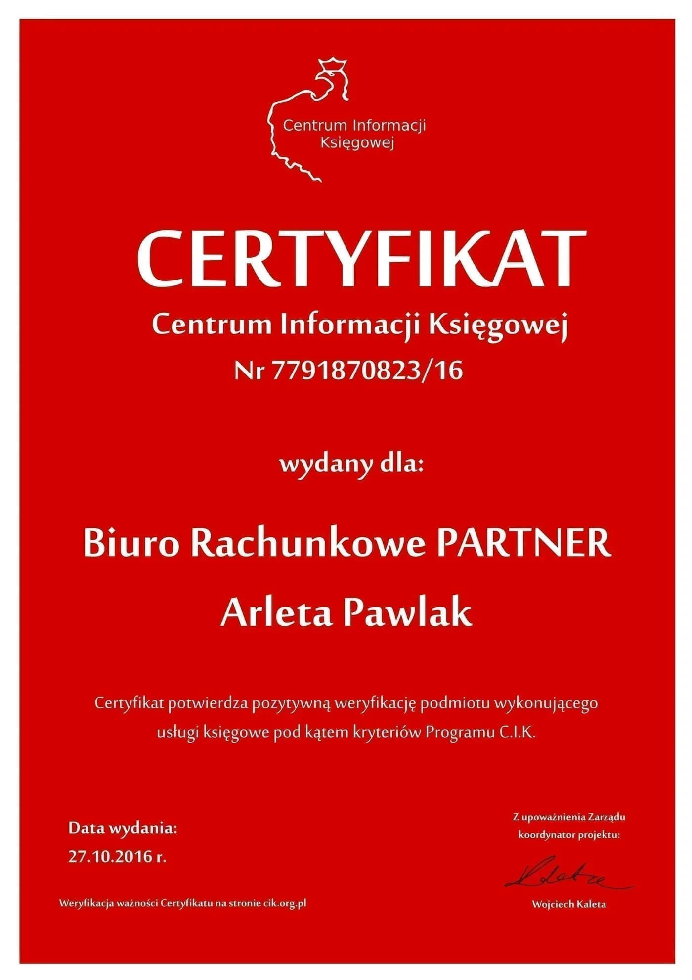 Certyfikat Centrum Informacji Księgowej - kliknij aby powiększyć