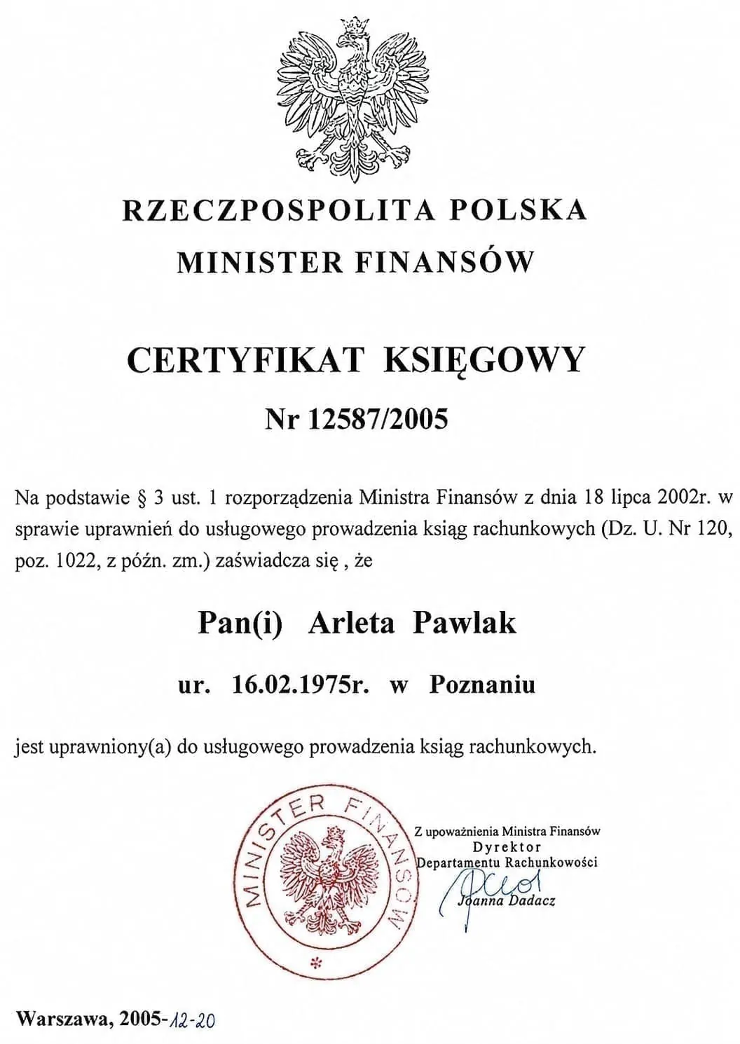 Certyfikat Ministra Finansów - kliknij aby powiększyć